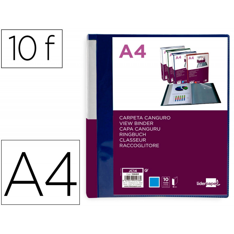 Protege-documents liderpapel personnalisable kangourou polypropylene 10 pochettes fixes a4 coloris bleu
