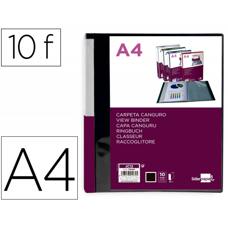 Protege-documents liderpapel personnalisable kangourou polypropylene 10 pochettes fixes a4 coloris noir opaque