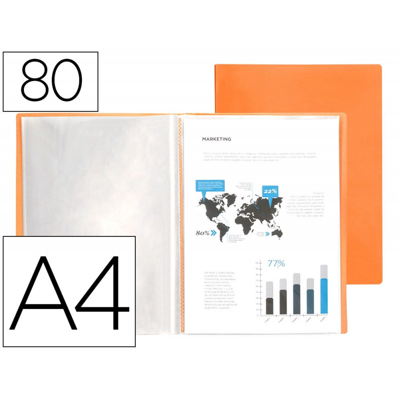 Protege-documents liderpapel polypropylene couverture flexible 80 pochettes fixes a4 220x297mm orange fluo