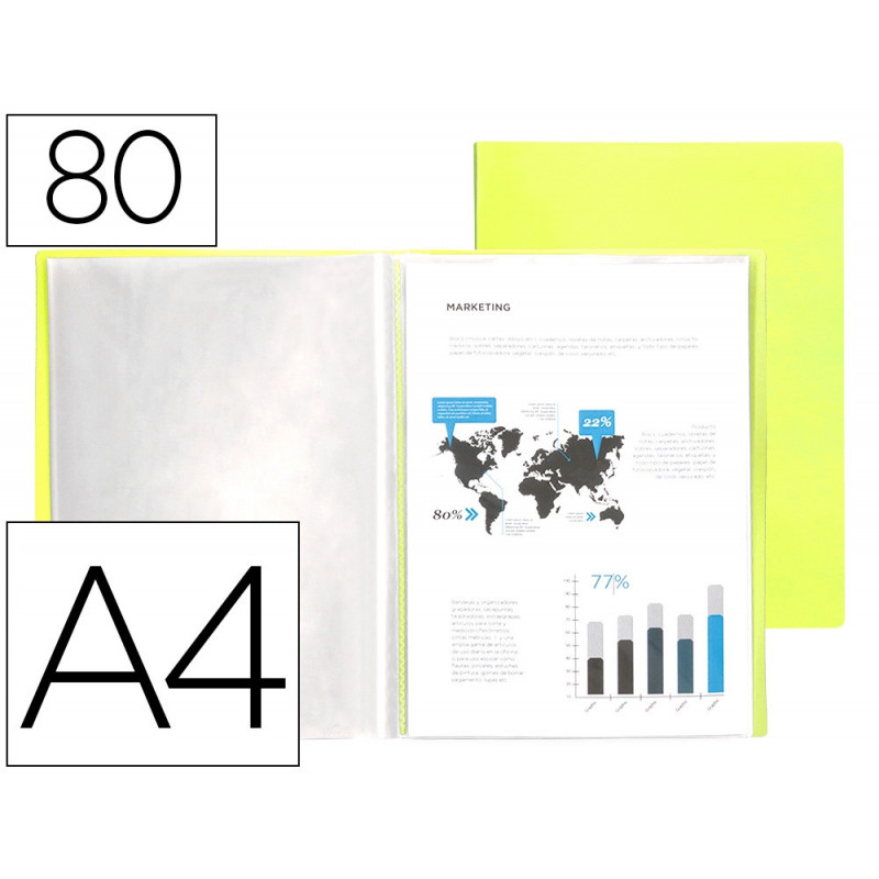 Protege-documents liderpapel polypropylene couverture flexible 80 pochettes fixes a4 220x297mm jaune fluo