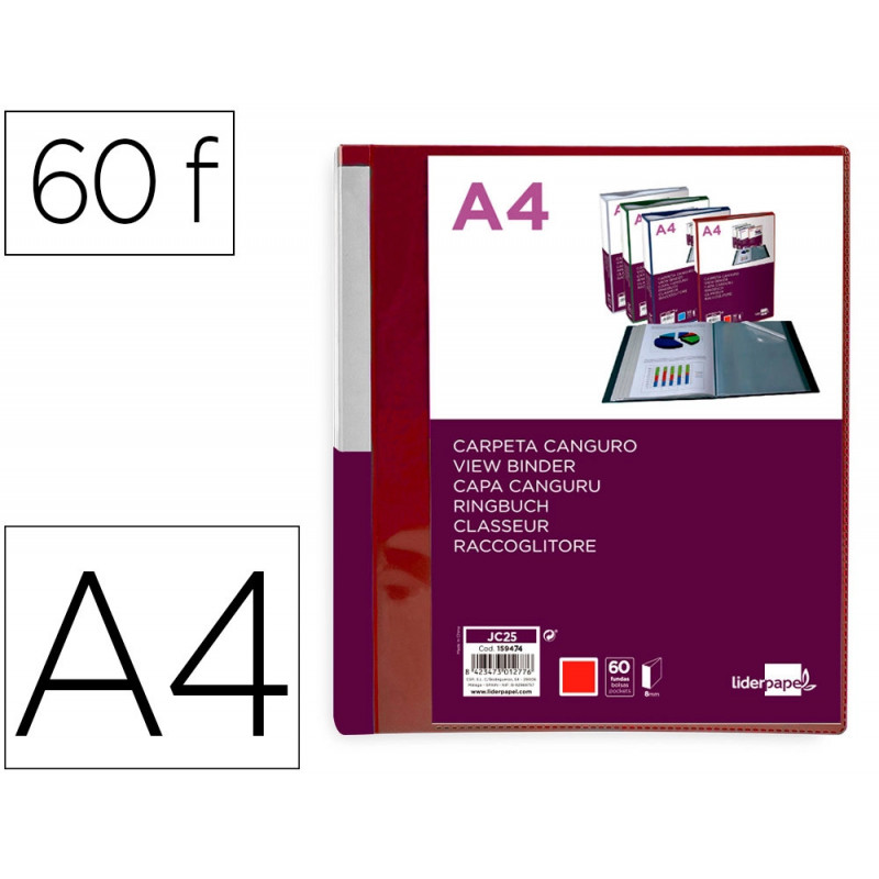 Protege-documents liderpapel personnalisable kangourou polypropylene 60 pochettes fixes a4 coloris rouge