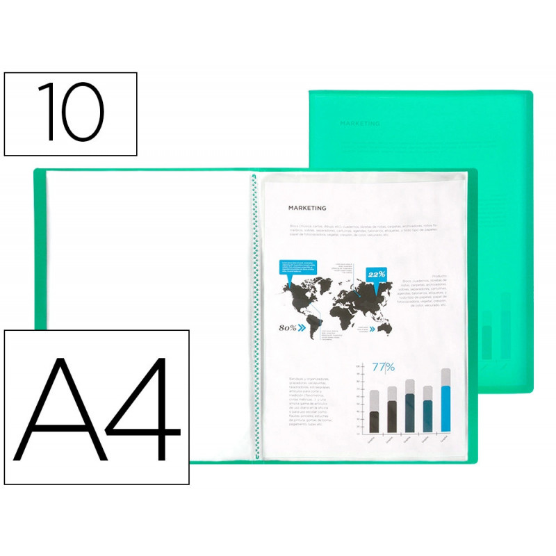Protege-documents liderpapel polypropylene couverture flexible 10 pochettes fixes a4 210x297mm vert translucide