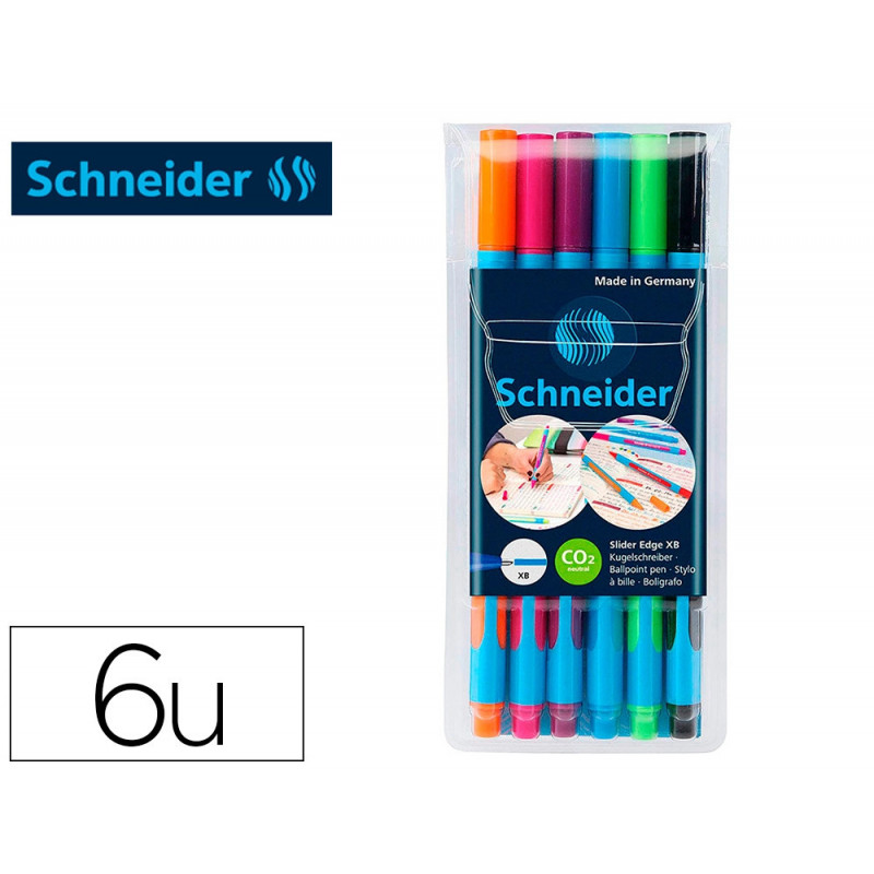 Stylo-bille schneider slider edge xb couleurs assorties pack 6 unites