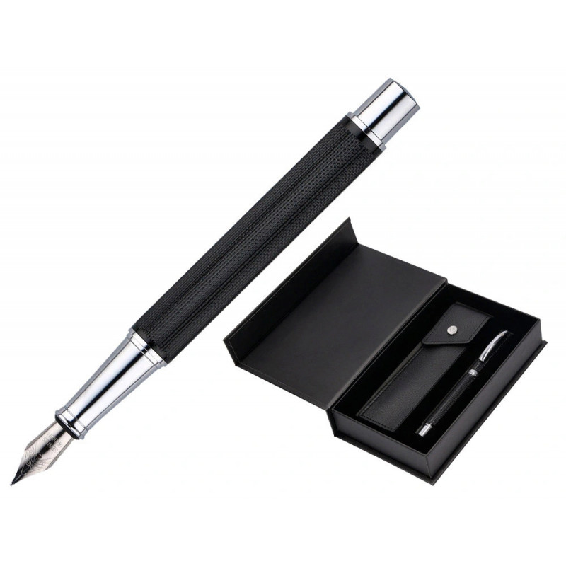 Stylo-plume etui simili cuir belius turbo alum. texture pointillee attributs argent encre bleue col. noir coffret cadeau