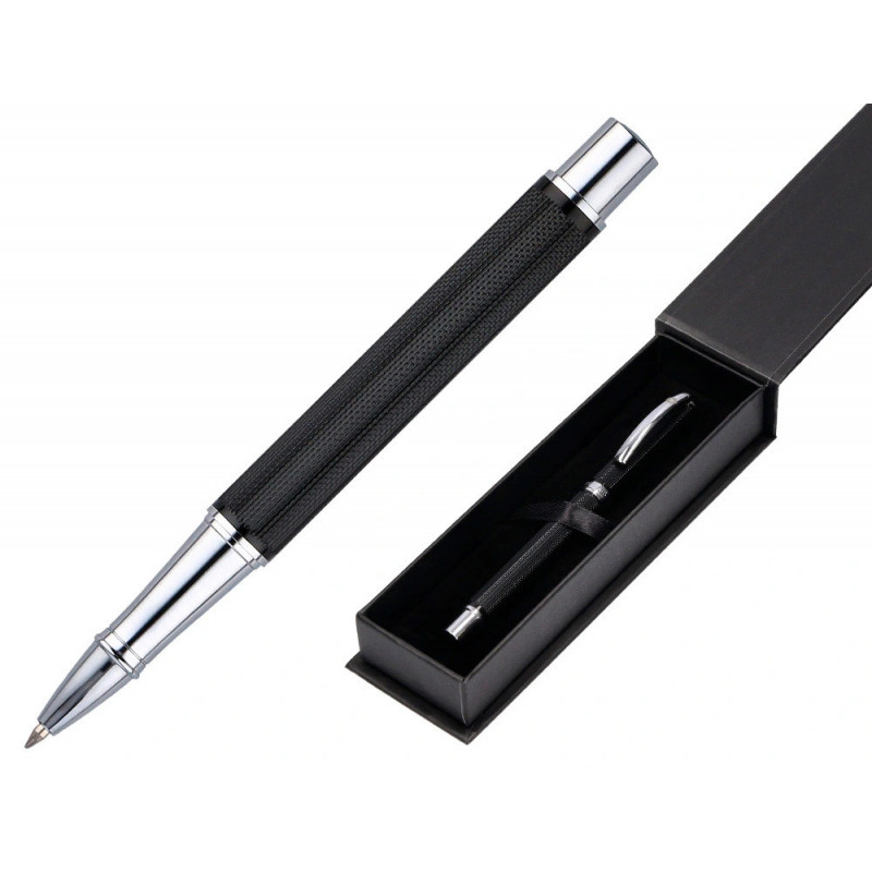 Roller belius turbo aluminium texture pointillee attributs argent encre bleue coloris noir dans coffret cadeau
