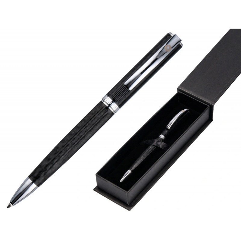 Stylo-bille belius turbo aluminium texture pointillee attributs argent encre bleue coloris noir dans coffret cadeau