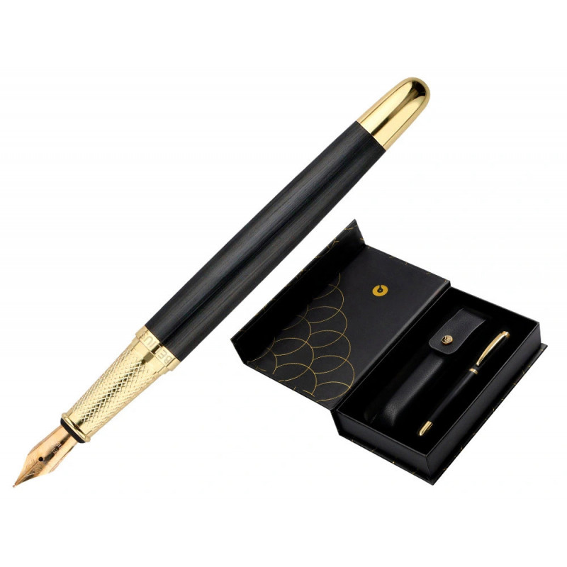 Stylo-plume et etui en simili cuir belius passion aluminium brosse attributs or encre bleue coloris noir coffret cadeau