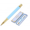 Stylo-bille belius macaron bliss hexagonal aluminium details et attributs or encre bleue coloris bleu coffret cadeau