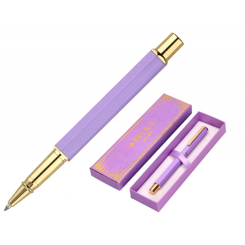 Stylo-bille belius macaron bliss hexagonal aluminium details et attributs or encre bleue coloris mauve coffret cadeau
