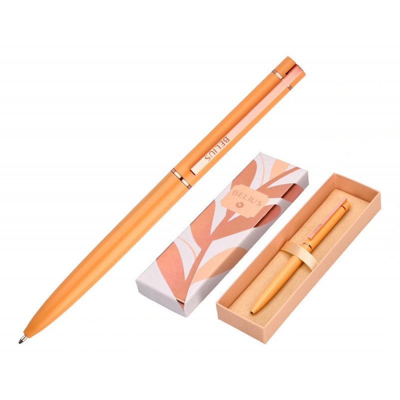 Stylo-bille belius rose aluminium details et attributs or rose encre bleue coloris orange dans coffret cadeau