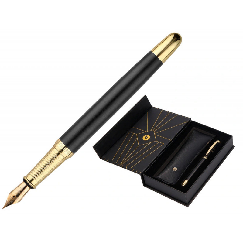 Stylo-plume et etui simili cuir belius soiree aluminium details et attributs or encre bleue coloris noir coffret cadeau