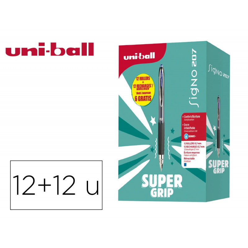 Roller uniball signo broad encre gel pochette de 12 rollers c23 207 umn 207 bleu + 12 recharges umr87 dont 6
