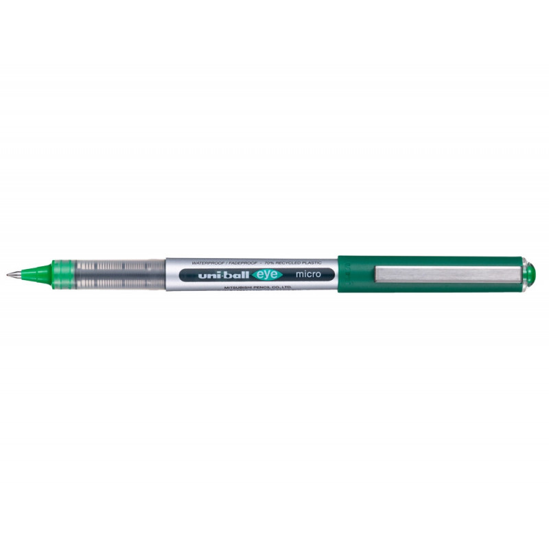 Roller uniball eye plastique recycle encre liquide ecriture fine pointe metal coloris vert