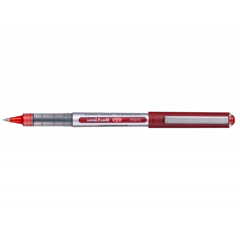Roller uniball eye plastique recycle encre liquide ecriture fine pointe metal coloris rouge