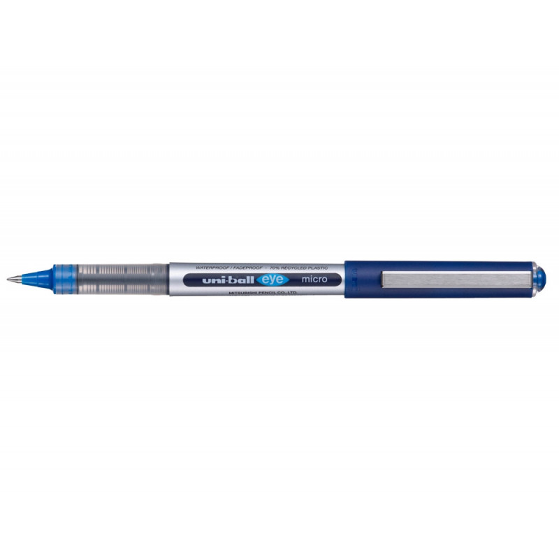 Roller uniball eye plastique recycle encre liquide ecriture fine pointe metal coloris bleu
