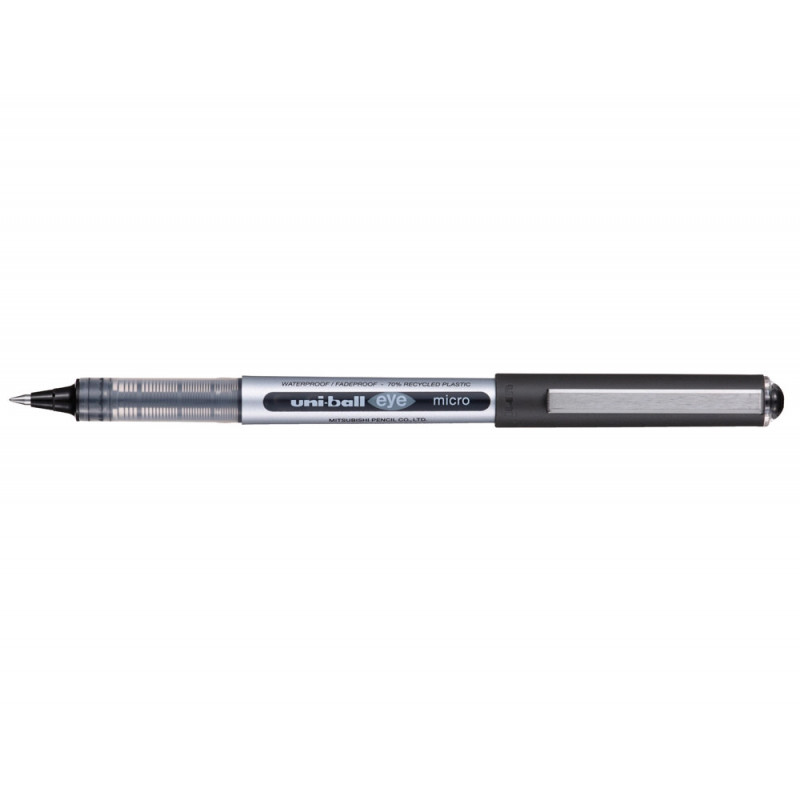 Roller uniball eye plastique recycle encre liquide ecriture fine pointe metal coloris noir