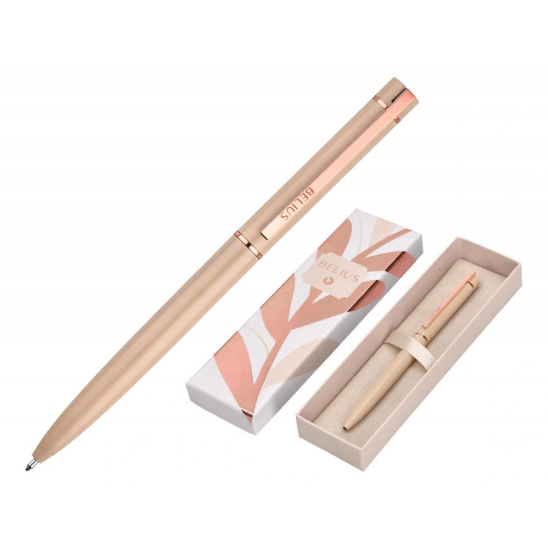 Stylo-bille belius rose corps aluminium encre bleue coloris beige claire or rose boite design