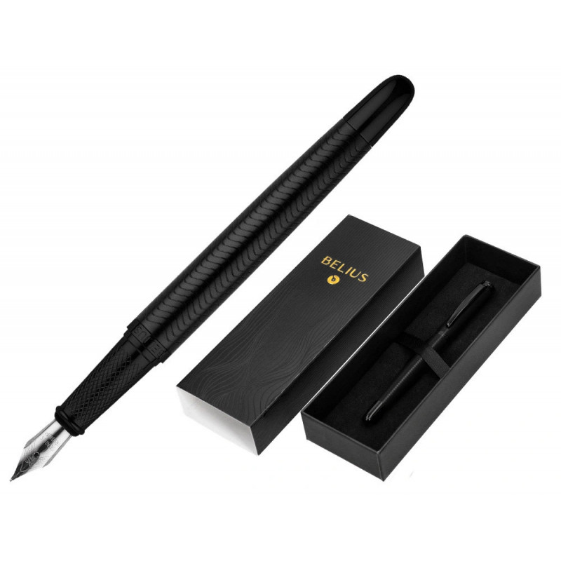 Stylo-plume belius neptuno corps aluminium texture wavy encre bleue coloris bleu marine boite design