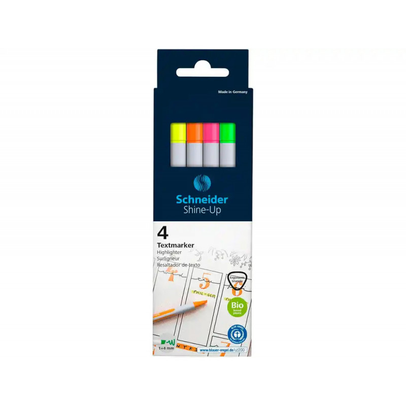 Surligneur schneider shine-up pointe biseautee trait 1/4mm corps triangulaire coloris assortis pochette 4 unites