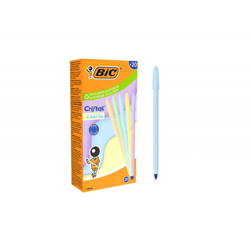 Stylo-bille bic cristal pastel pointe moyenne 1,0mm encre bleue classique capuchon coloris assortis boite 20 unites