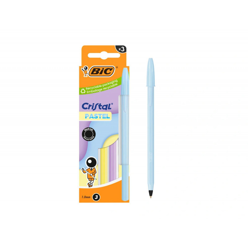 Stylo-bille bic cristal pastel pointe moyenne 1,0mm encre noire classique capuchon coloris assortis b