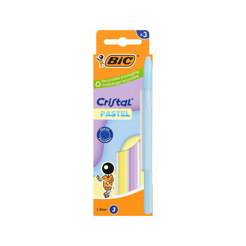 Stylo-bille bic cristal pastel pointe moyenne 1,0mm encre bleue classique capuchon coloris assortis b
