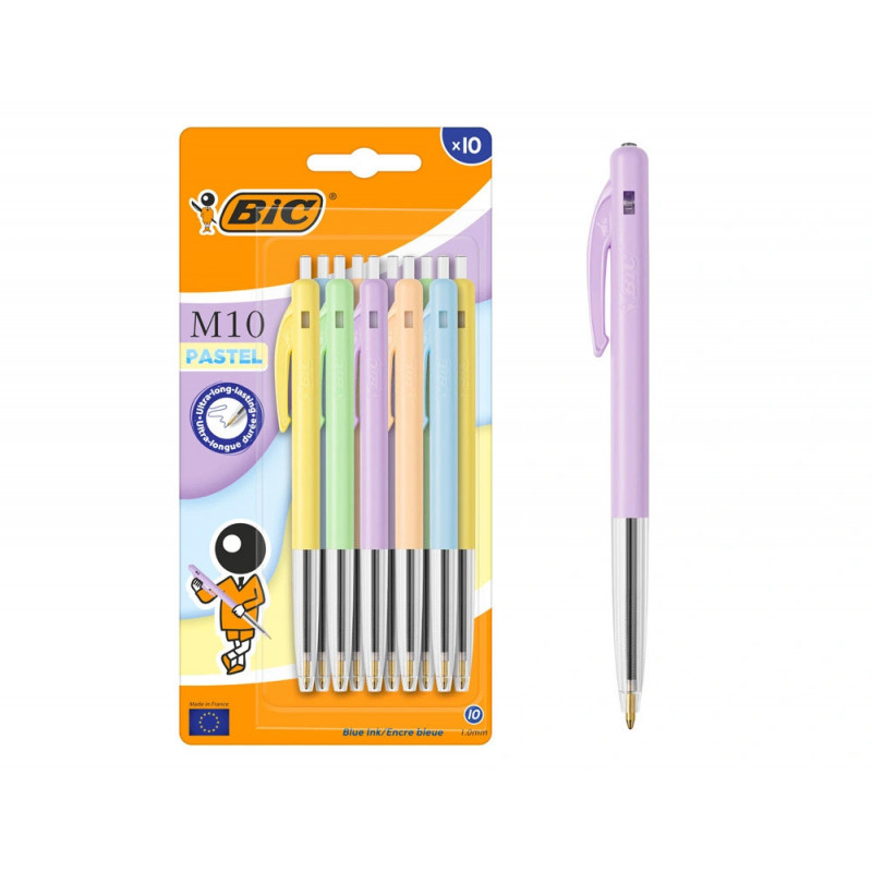 Stylo-bille bic m10 pointe moyenne 1,0mm encre bleue bouton poussoir lateral coloris pastel assortis