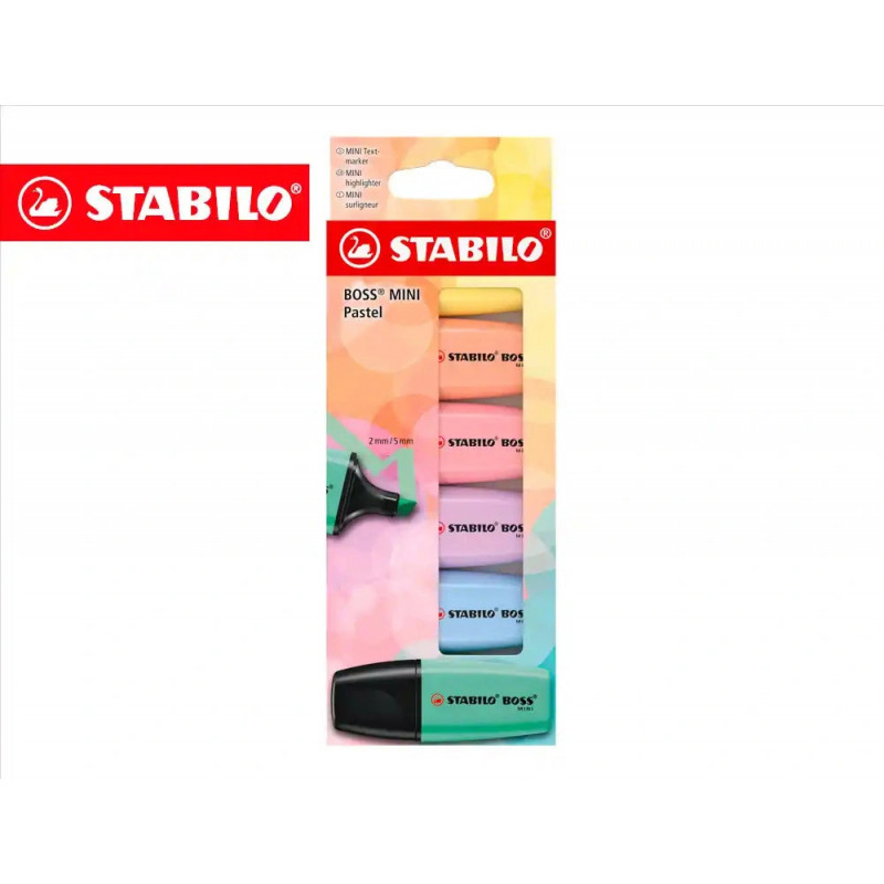 Surligneur stabilo boss mini pastel encre base eau pointe biseautee largeur trace 2/5mm coloris assortis etui 6