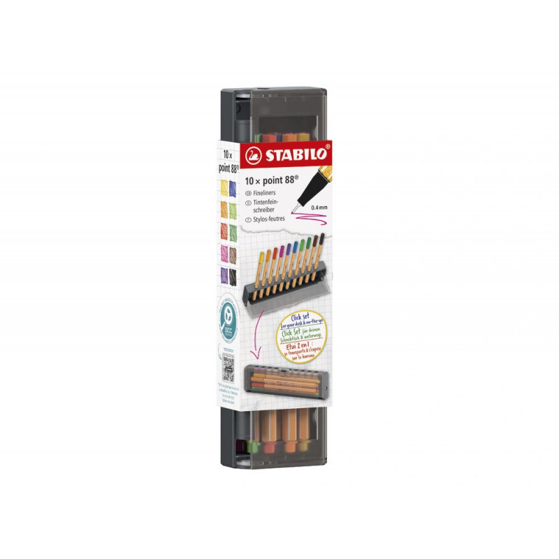 Stylo-feutre stabilo point 88 pointe fine gainee metal trait 0,4mm 1000m d'ecriture coloris assortis click box 10
