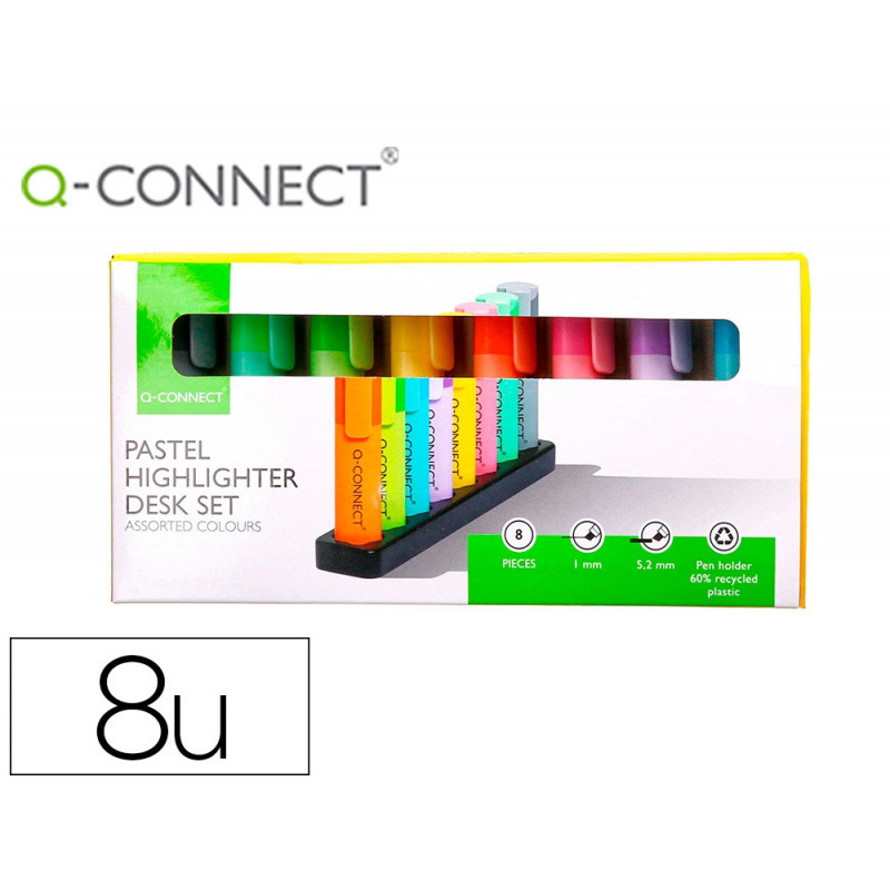 Surligneur q-connect fluorescent pastel pointe biseautee etui de bureau 8 coloris assortis