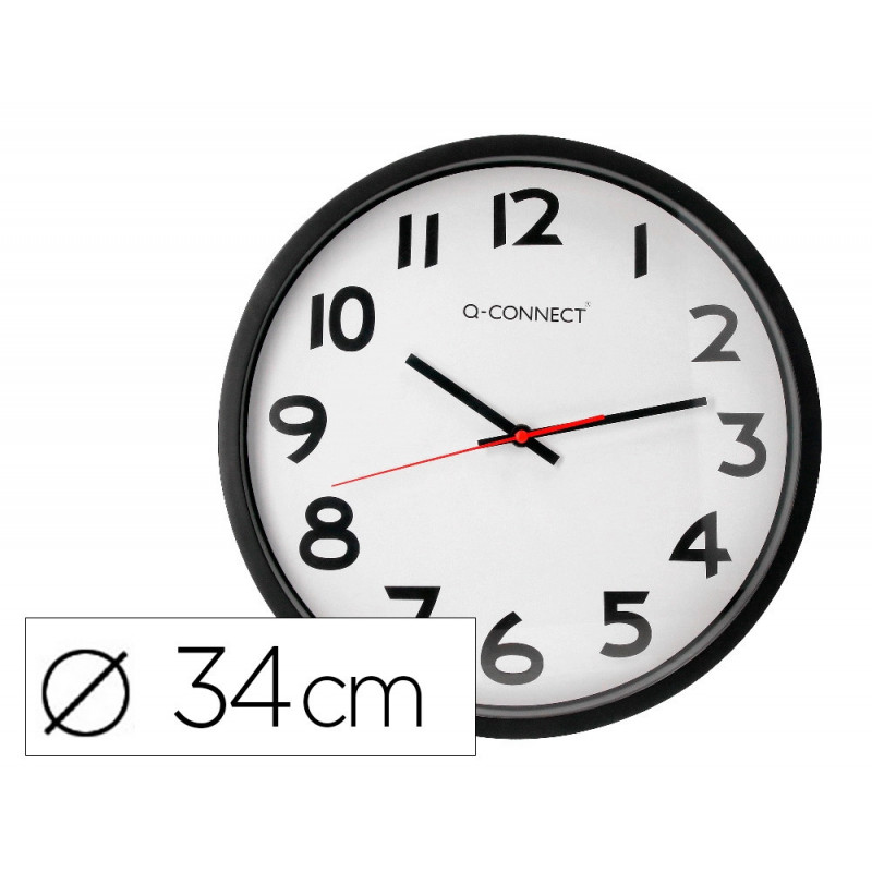 Horloge q-connect murale plastique design actuel numéros noirs fond blanc 1 pile aa non fournie diamètre 34cm noir