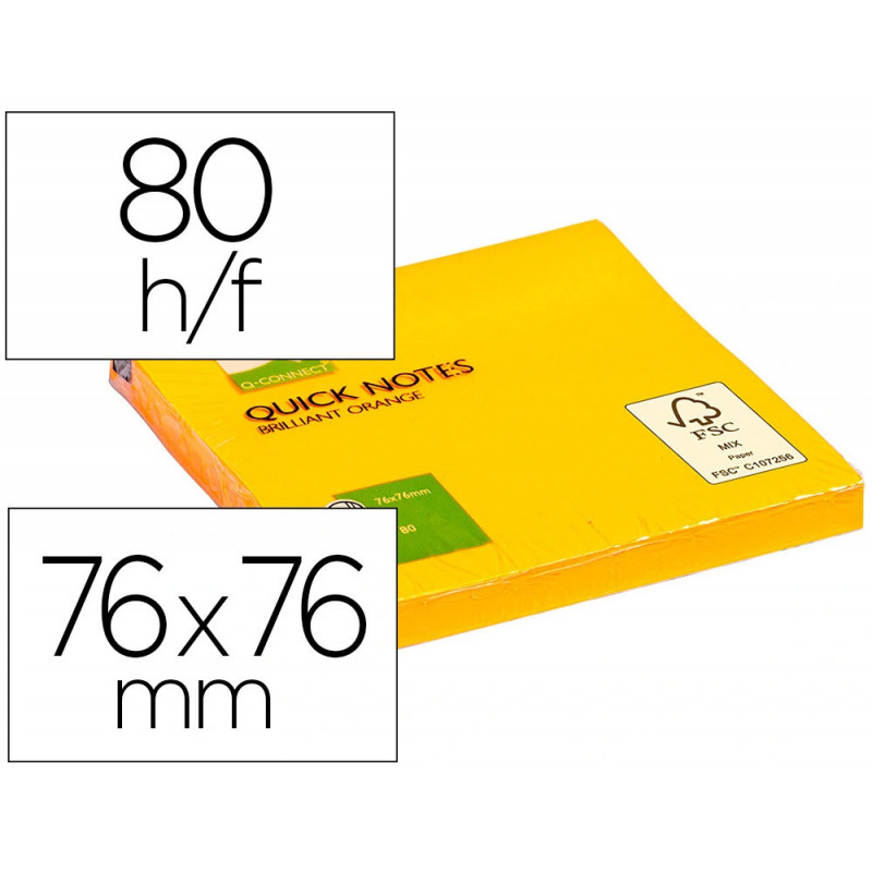Bloc-notes q-connect quick notes couleurs néon 76x76mm 80f repositionnables coloris orange vif