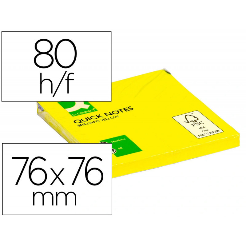 Bloc-notes q-connect quick notes couleurs néon 76x76mm 80f repositionnables coloris jaune vif