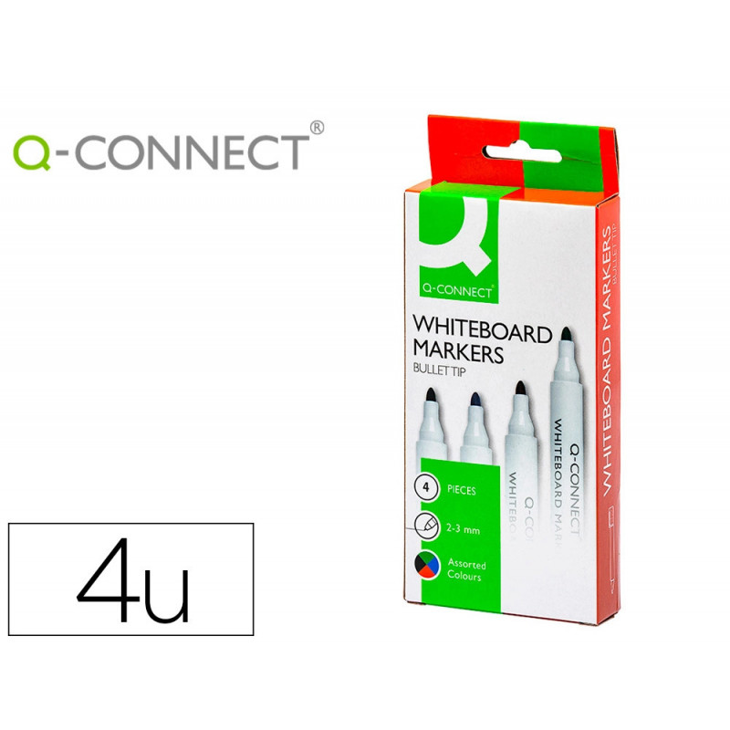 Marqueur q-connect tableau blanc pointe ogive tracé 2/3mm corps plastique encre base alcohol pochette 4 unit assort