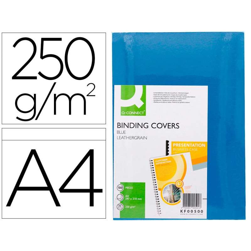Couverture q-connect carton 250g grain cuir pour reliure format a4 coloris bleu paquet 100 unités