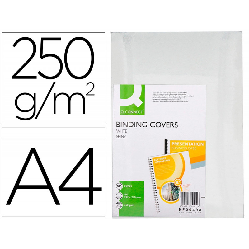 Couverture q-connect carton 250g grain cuir pour reliure format a4 coloris blanc brillant paquet 100 unités