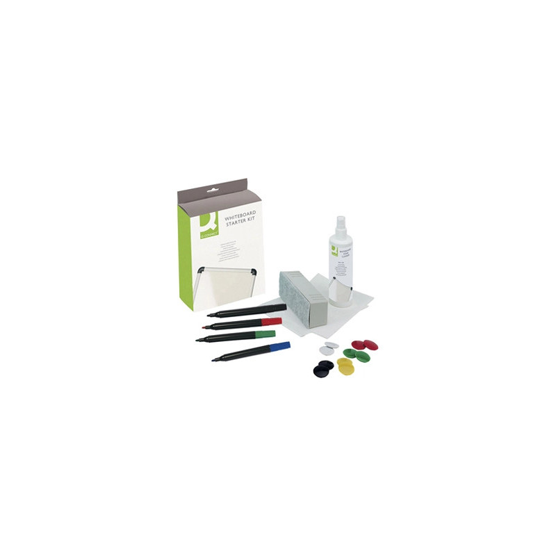 Kit nettoyage q-connect tableau blanc 1 flacon 250ml 4 marqueurs 10 aimants 1 brosse rechargeable 5 lingettes