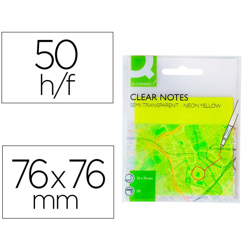 Bloc notes q-connect 76x76mm 50f semi-transparentes adhesives repositionables coloris jaune fluo