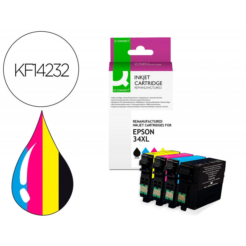 Cartouche q-connect jet d'encre compatible epson 34xl couleur noir/cyan/magenta/jaune pack