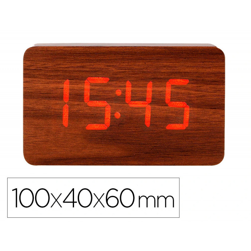 Horloge de bureau q-connect numerique finition bois lumiere rouge dimensions 100x40x60mm