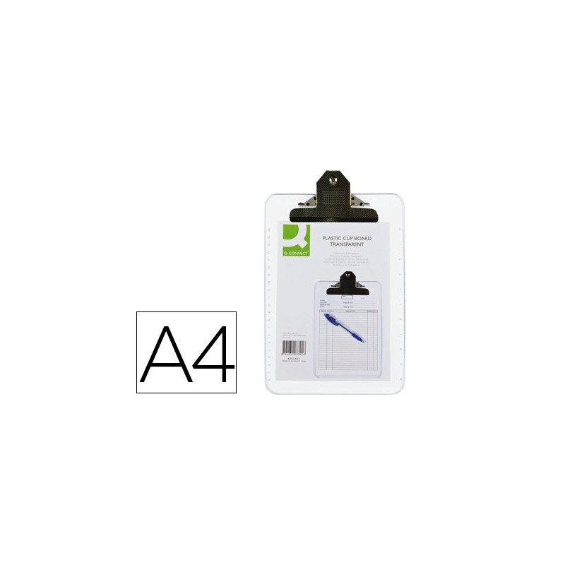 Porte-bloc q-connect polypropylène épaisseur 4mm a4 210x29 7mm pince métallique coloris transparent