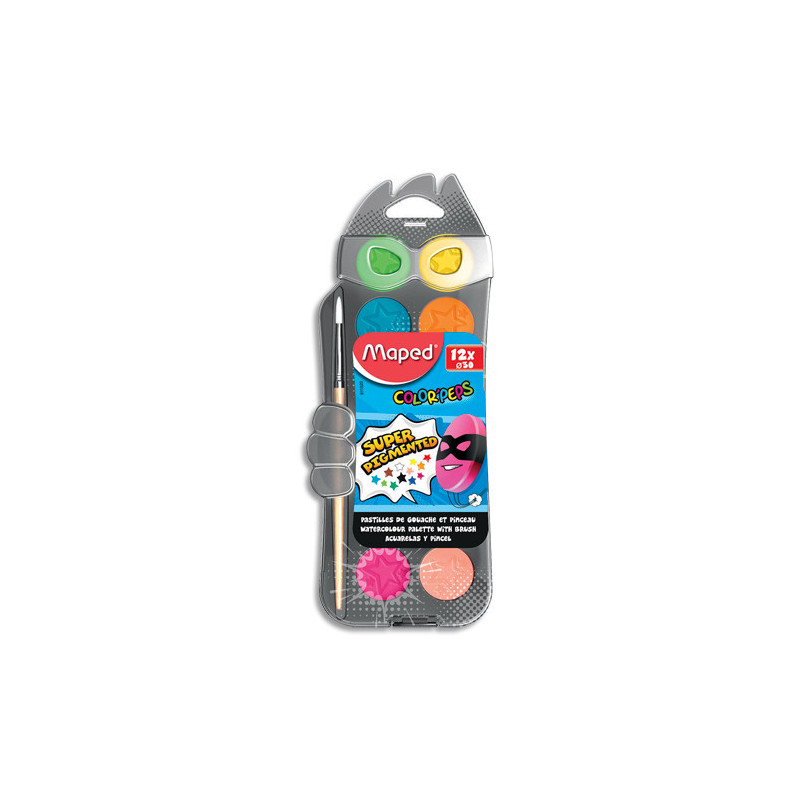 MAPED Boîte de 12 pastilles 30 mm de gouache ultralavable COLOR'PEPS