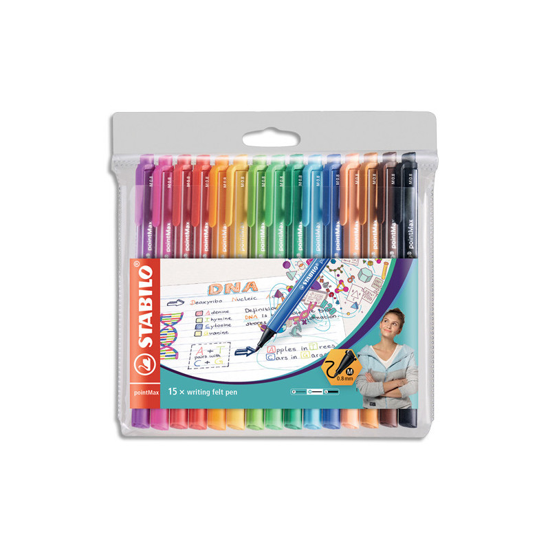 STABILO pointMax stylo-feutre pointe moyenne (0,8 mm) - Pochette de 15 stylos-feutres - Coloris assortis