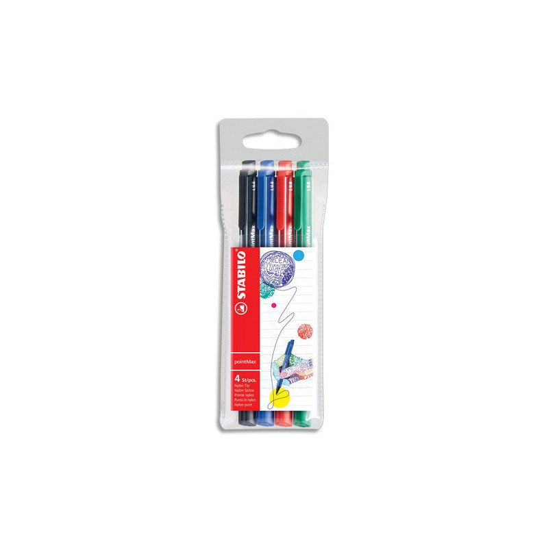 STABILO pointMax stylo-feutre pointe moyenne - Pochette de 4 stylos-feutres - Noir/Bleu/Rouge/Vert
