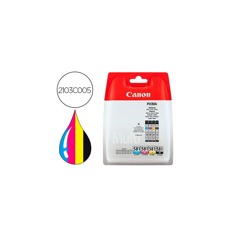 Cartouche canon jet d'encre cli 581 pixma multipack 5,6ml x 4 couleurs noir jaune cyan magenta