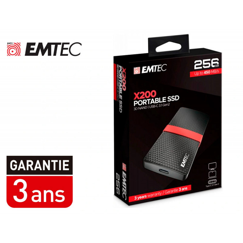 Disque dur ssd portable emtec x200 power plus usb-c 3.1 gen1 transfert haute vitesse grande capacite de stockage 256gb