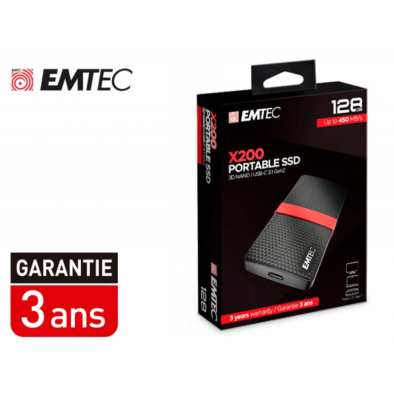 Disque dur ssd portable emtec x200 power plus usb-c 3.1 gen1 transfert haute vitesse grande capacite de stockage 128gb