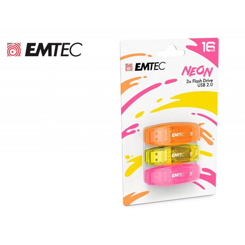 Cle usb emtec 2.0 c410 trio 16gb pack 3 coloris neon orange jaune rose