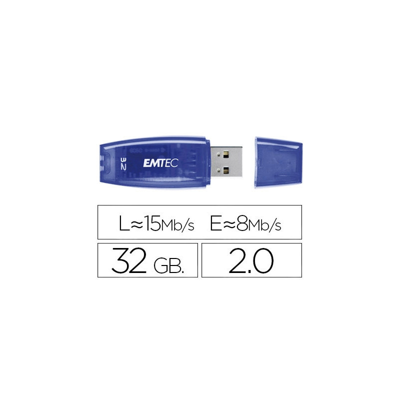 Clé usb emtec 2.0 c410 32go vitesse lecture 15mb/s écriture 5mb/s avec capuchon coloris transparent bleu