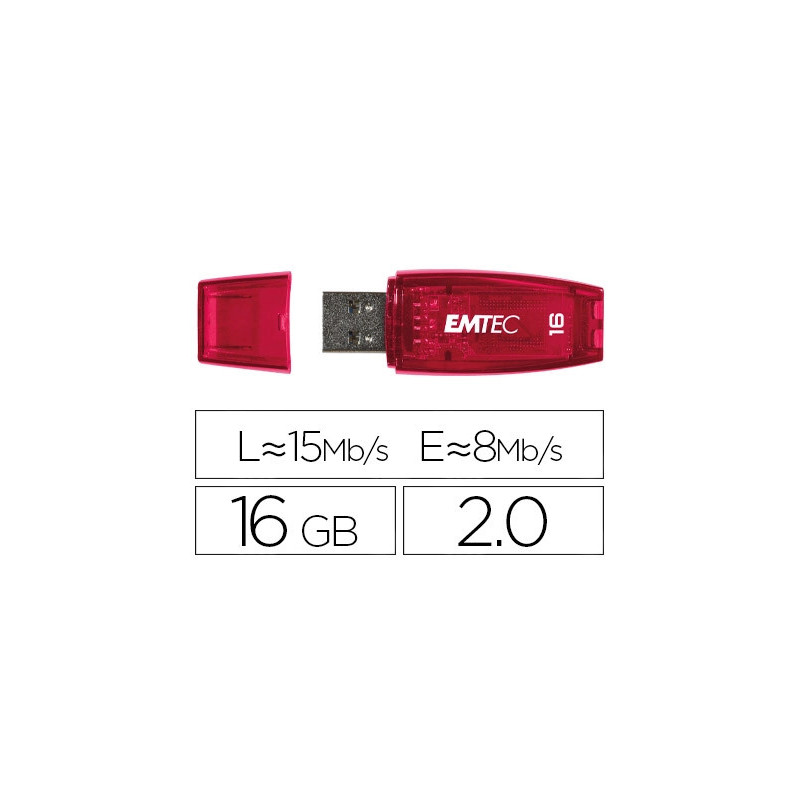 Clé usb emtec 2.0 c410 16go vitesse lecture 15mb/s écriture 5mb/s avec capuchon coloris transparent rouge